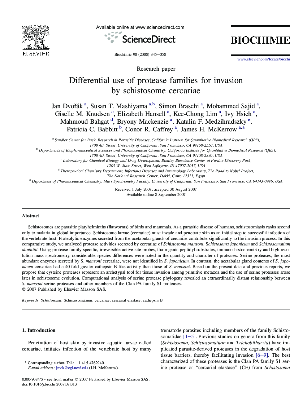 Differential use of protease families for invasion by schistosome cercariae