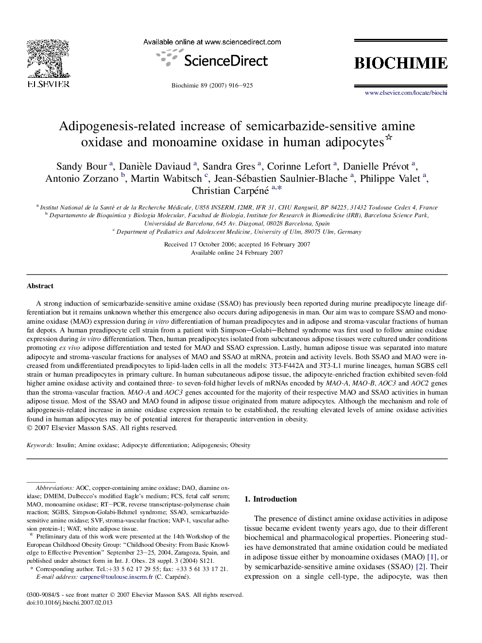 Adipogenesis-related increase of semicarbazide-sensitive amine oxidase and monoamine oxidase in human adipocytes 