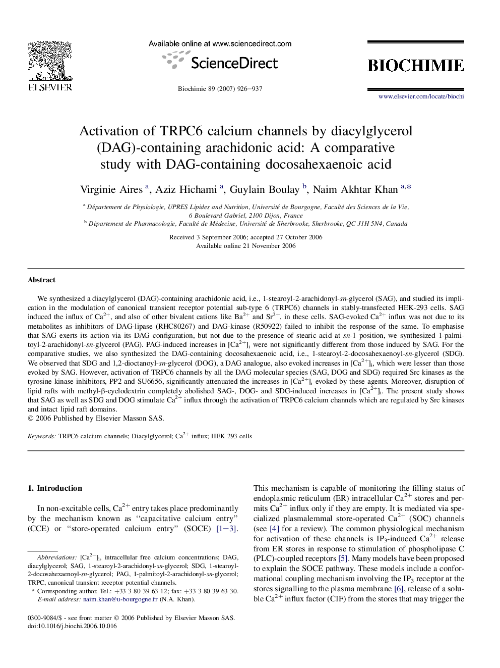 Activation of TRPC6 calcium channels by diacylglycerol (DAG)-containing arachidonic acid: A comparative study with DAG-containing docosahexaenoic acid