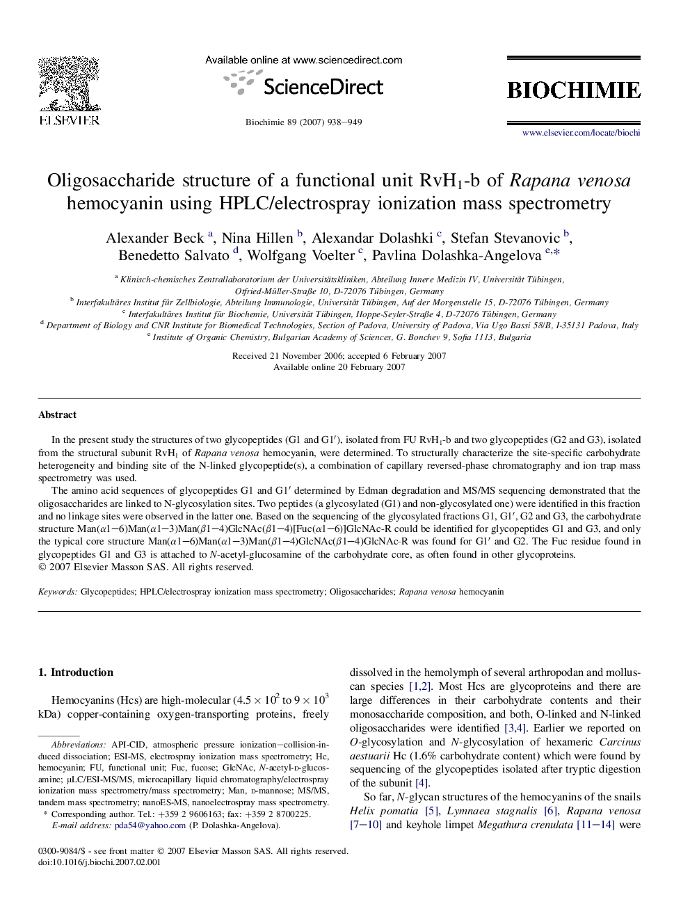 Oligosaccharide structure of a functional unit RvH1-b of Rapana venosa hemocyanin using HPLC/electrospray ionization mass spectrometry