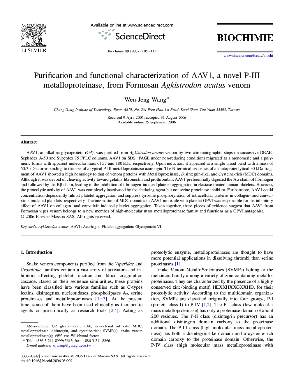 Purification and functional characterization of AAV1, a novel P-III metalloproteinase, from Formosan Agkistrodon acutus venom