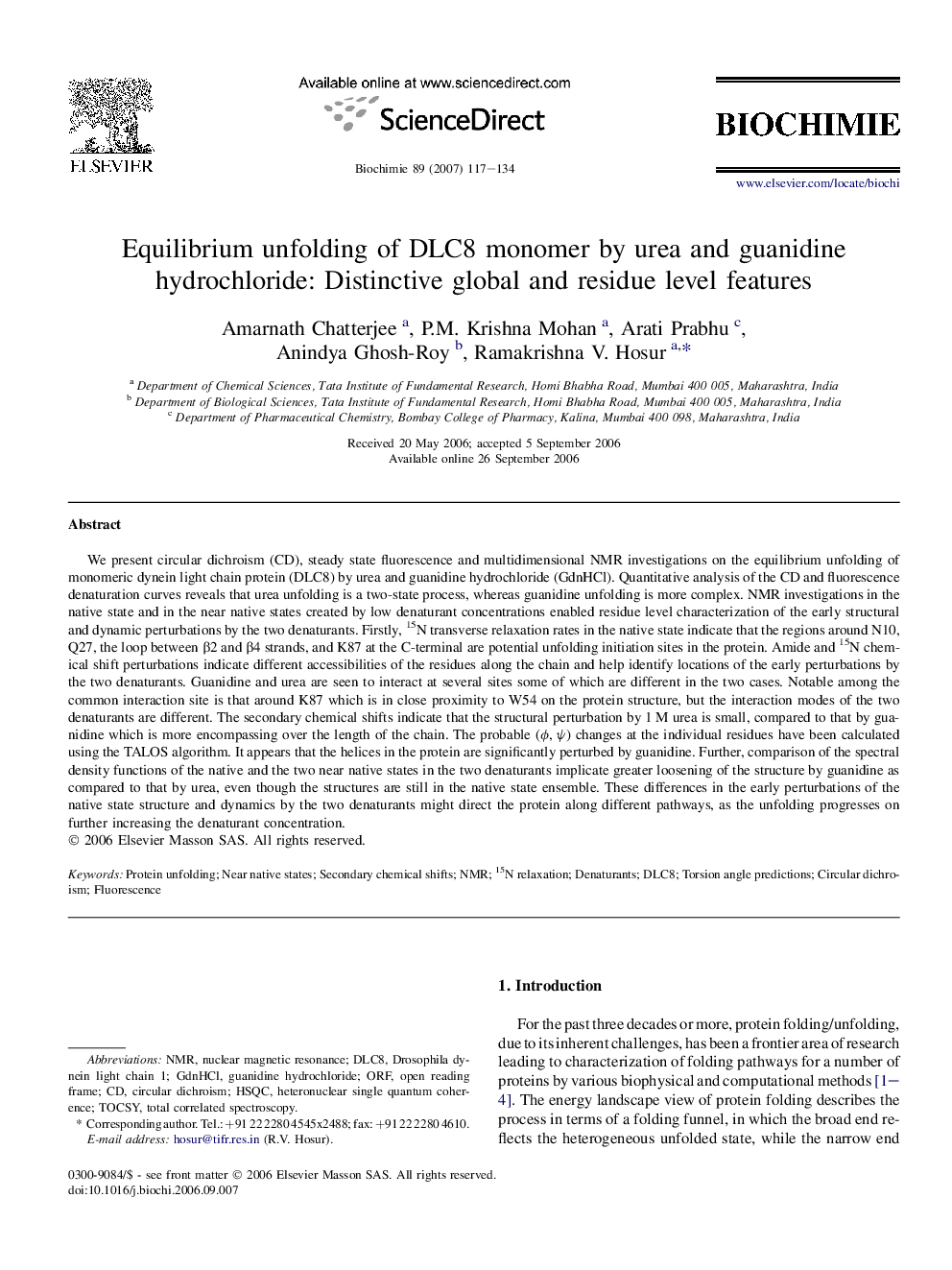 Equilibrium unfolding of DLC8 monomer by urea and guanidine hydrochloride: Distinctive global and residue level features