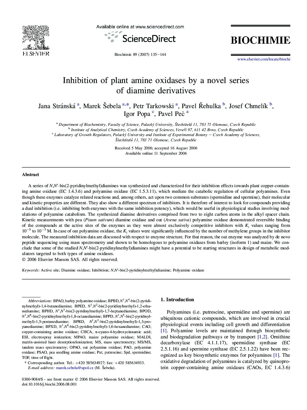 Inhibition of plant amine oxidases by a novel series of diamine derivatives