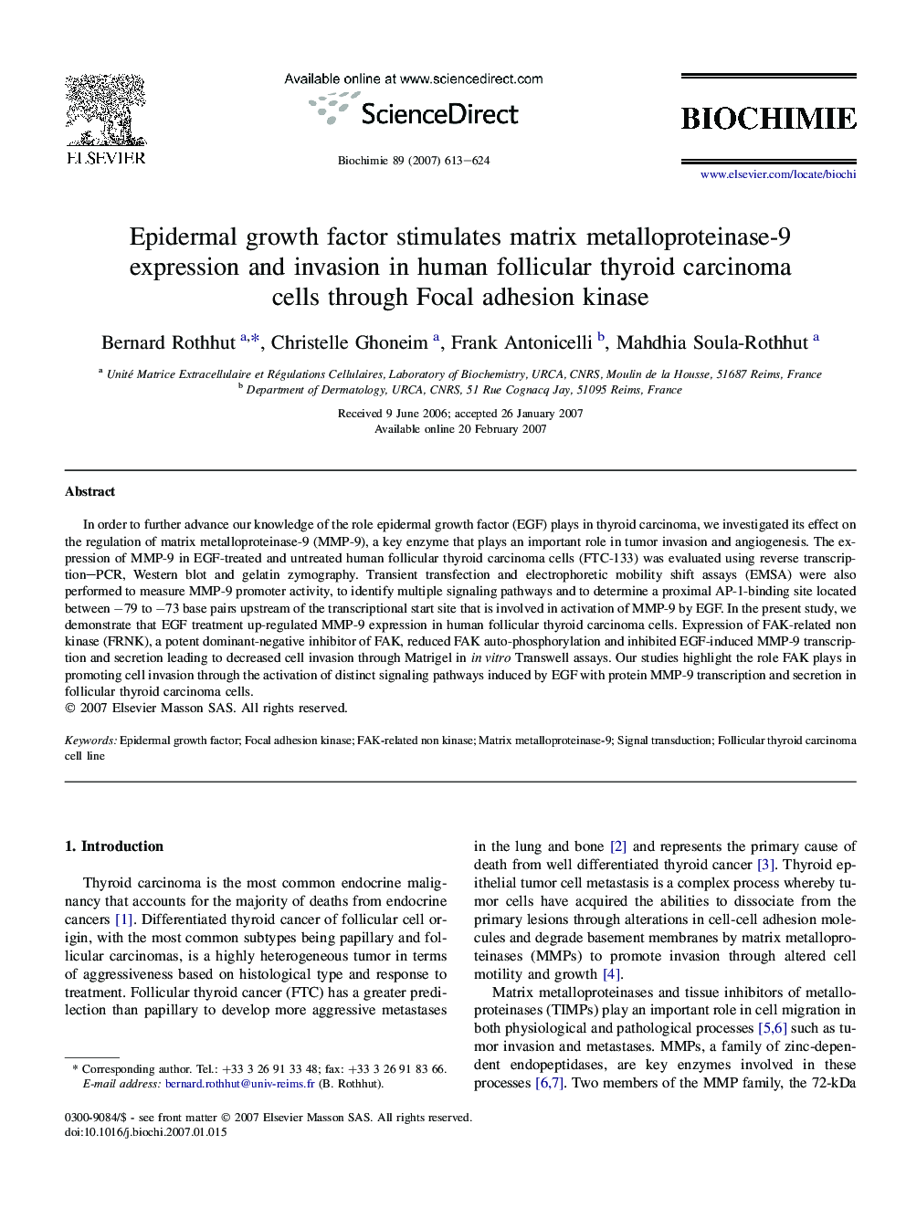 Epidermal growth factor stimulates matrix metalloproteinase-9 expression and invasion in human follicular thyroid carcinoma cells through Focal adhesion kinase