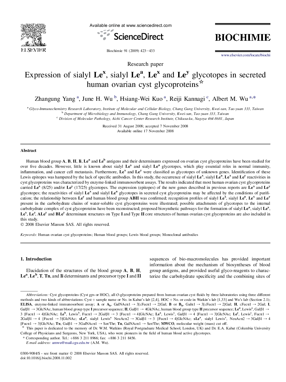 Expression of sialyl Lex, sialyl Lea, Lex and Ley glycotopes in secreted human ovarian cyst glycoproteins 