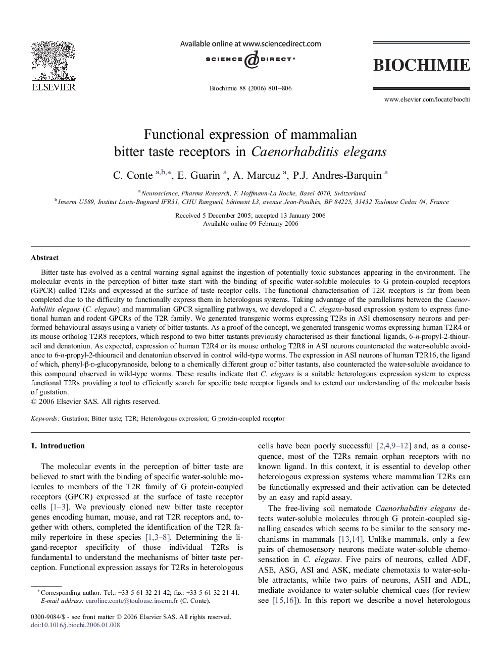 Functional expression of mammalian bitter taste receptors in Caenorhabditis elegans