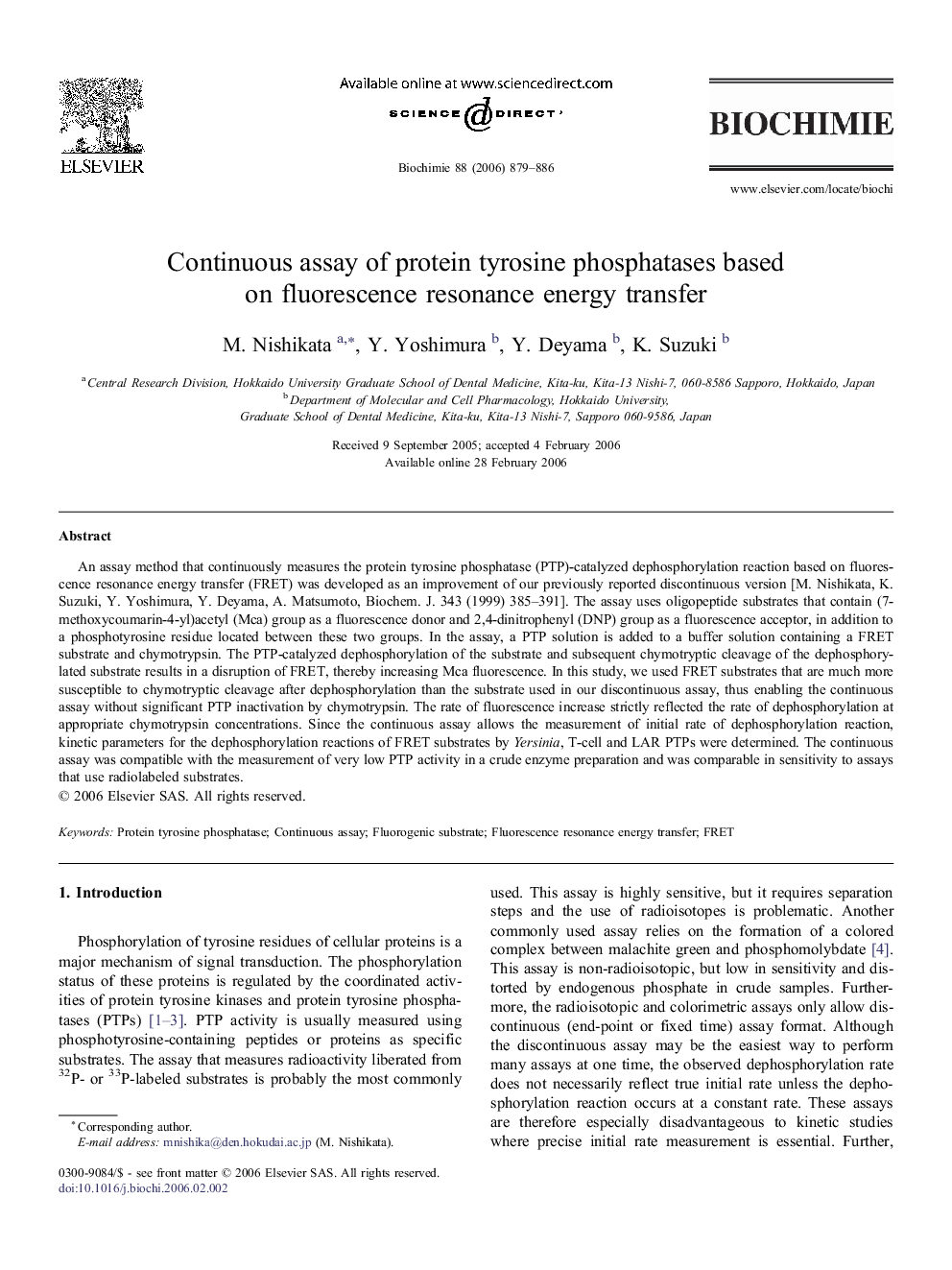 Continuous assay of protein tyrosine phosphatases based on fluorescence resonance energy transfer