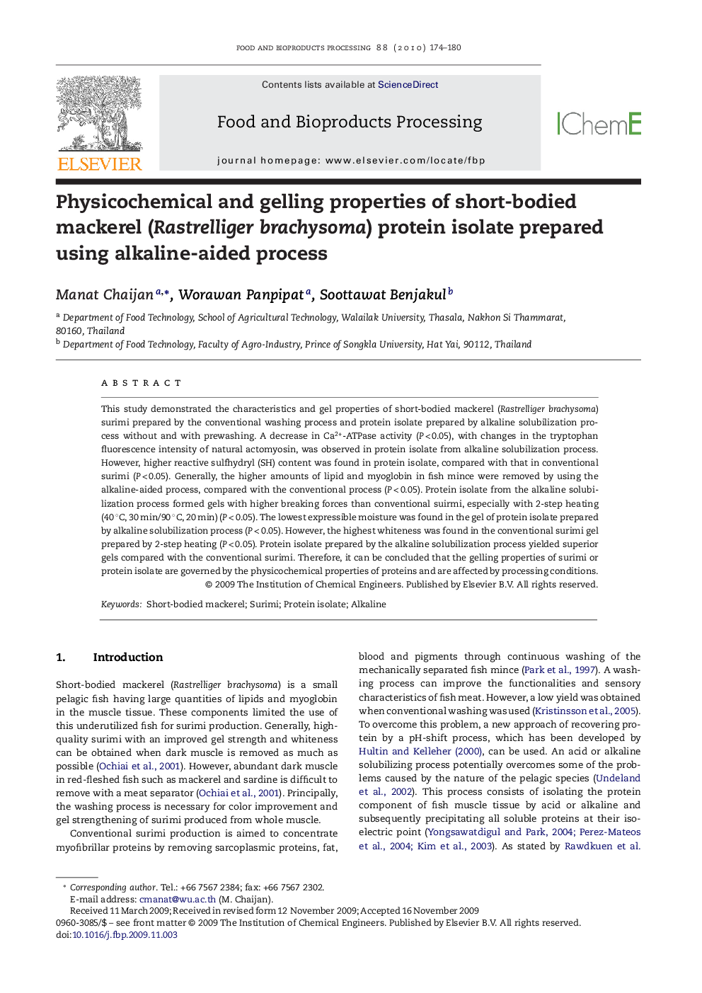 Physicochemical and gelling properties of short-bodied mackerel (Rastrelliger brachysoma) protein isolate prepared using alkaline-aided process