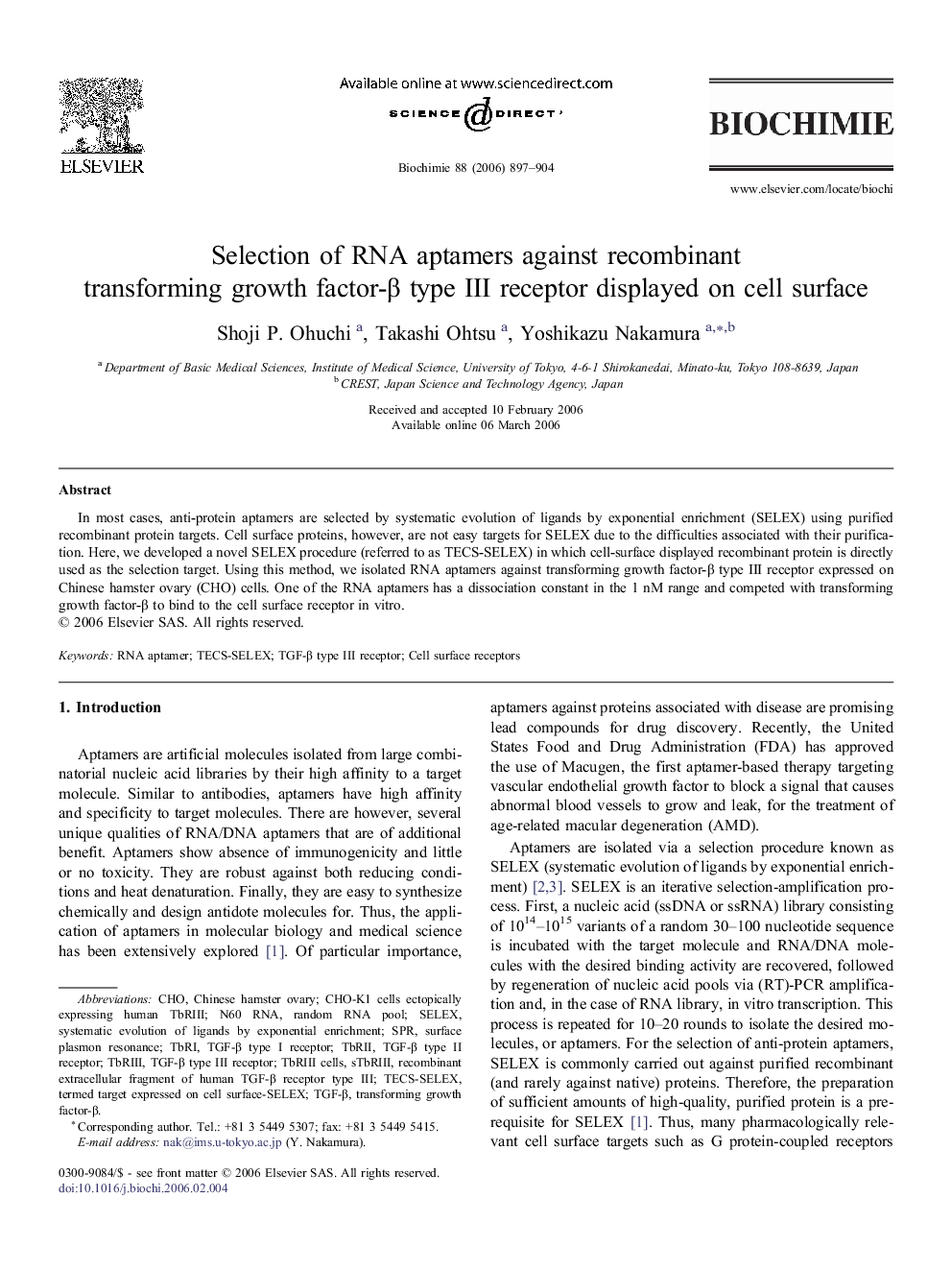 Selection of RNA aptamers against recombinant transforming growth factor-β type III receptor displayed on cell surface