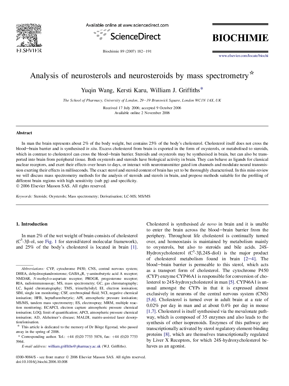 Analysis of neurosterols and neurosteroids by mass spectrometry 