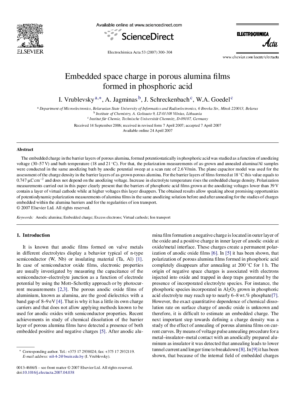 Embedded space charge in porous alumina films formed in phosphoric acid