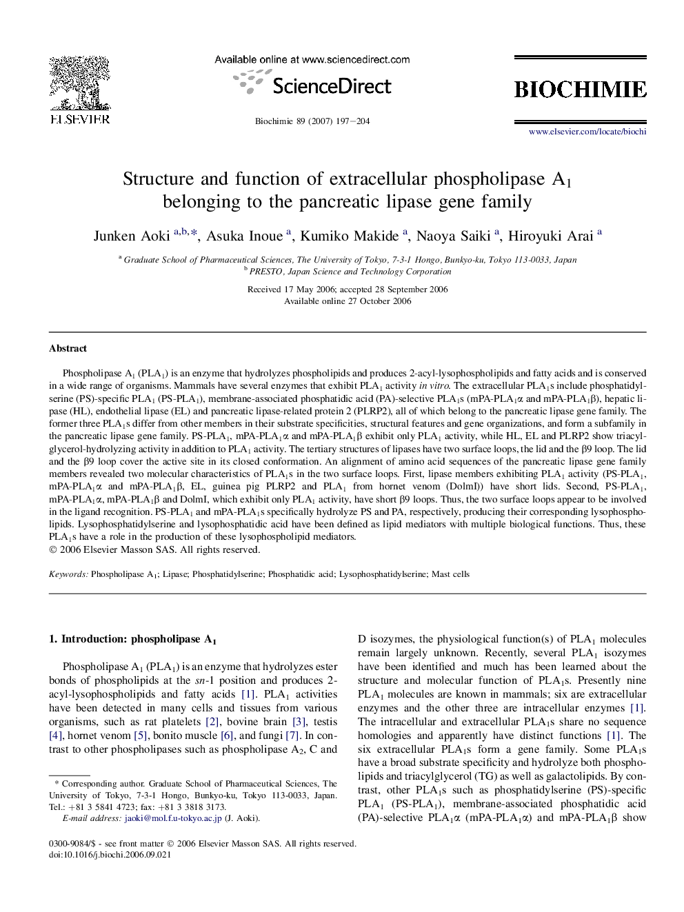 Structure and function of extracellular phospholipase A1 belonging to the pancreatic lipase gene family