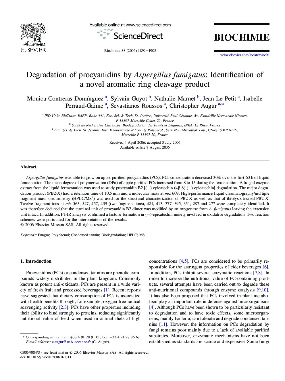 Degradation of procyanidins by Aspergillus fumigatus: Identification of a novel aromatic ring cleavage product