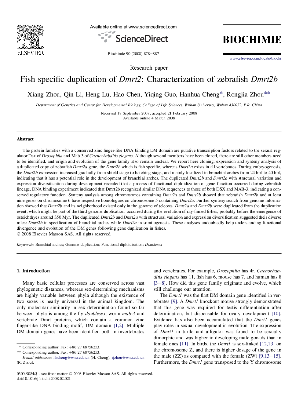 Fish specific duplication of Dmrt2: Characterization of zebrafish Dmrt2b