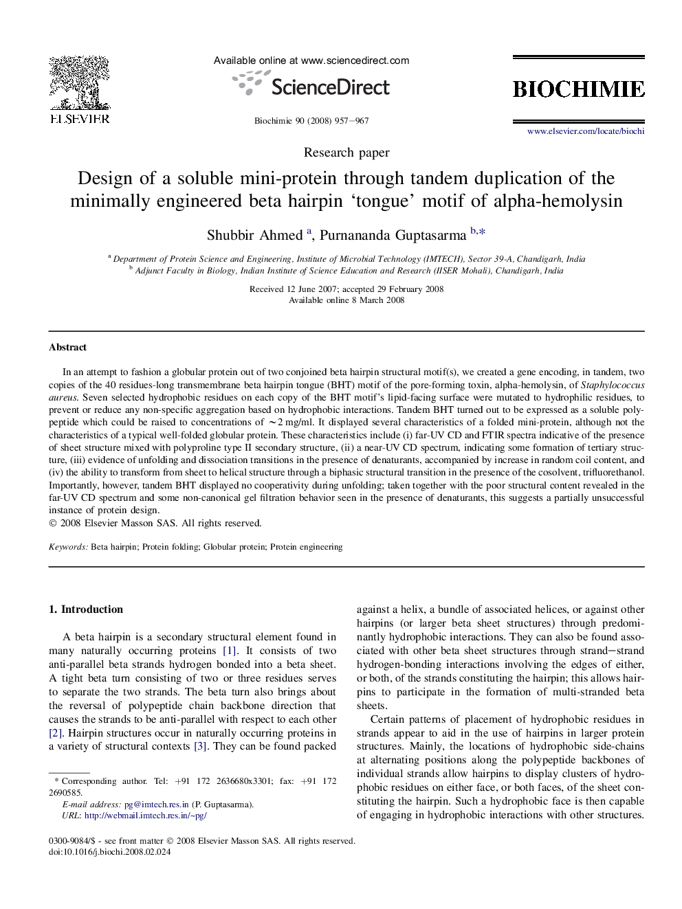 Design of a soluble mini-protein through tandem duplication of the minimally engineered beta hairpin ‘tongue’ motif of alpha-hemolysin