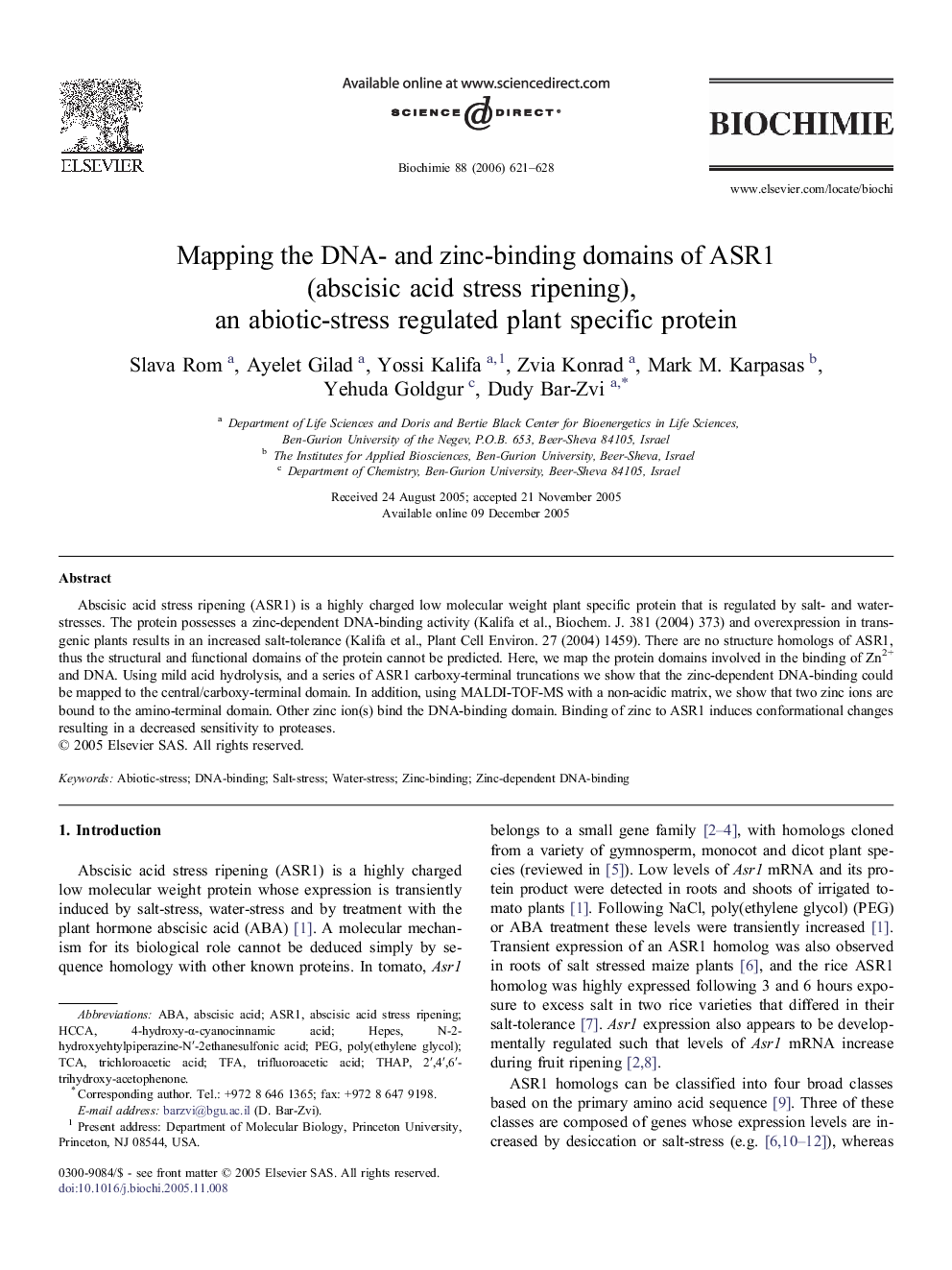 Mapping the DNA- and zinc-binding domains of ASR1 (abscisic acid stress ripening), an abiotic-stress regulated plant specific protein