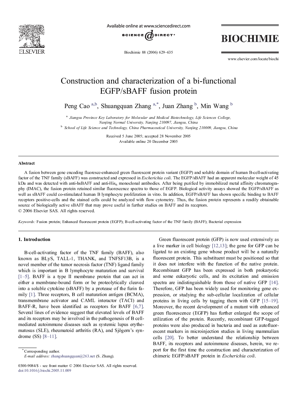 Construction and characterization of a bi-functional EGFP/sBAFF fusion protein