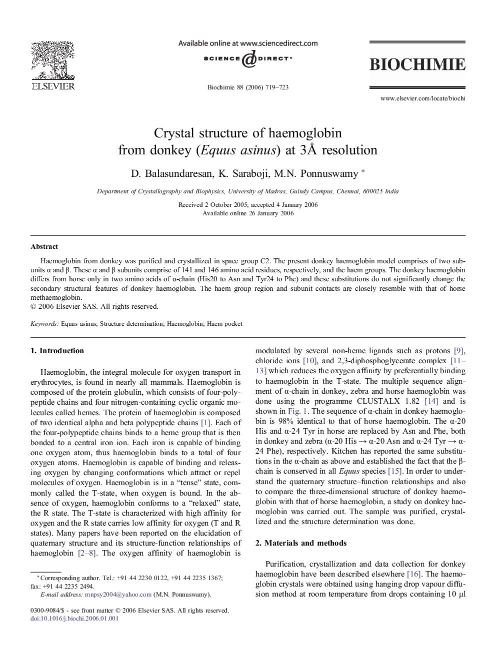 Crystal structure of haemoglobin from donkey (Equus asinus) at 3Å resolution