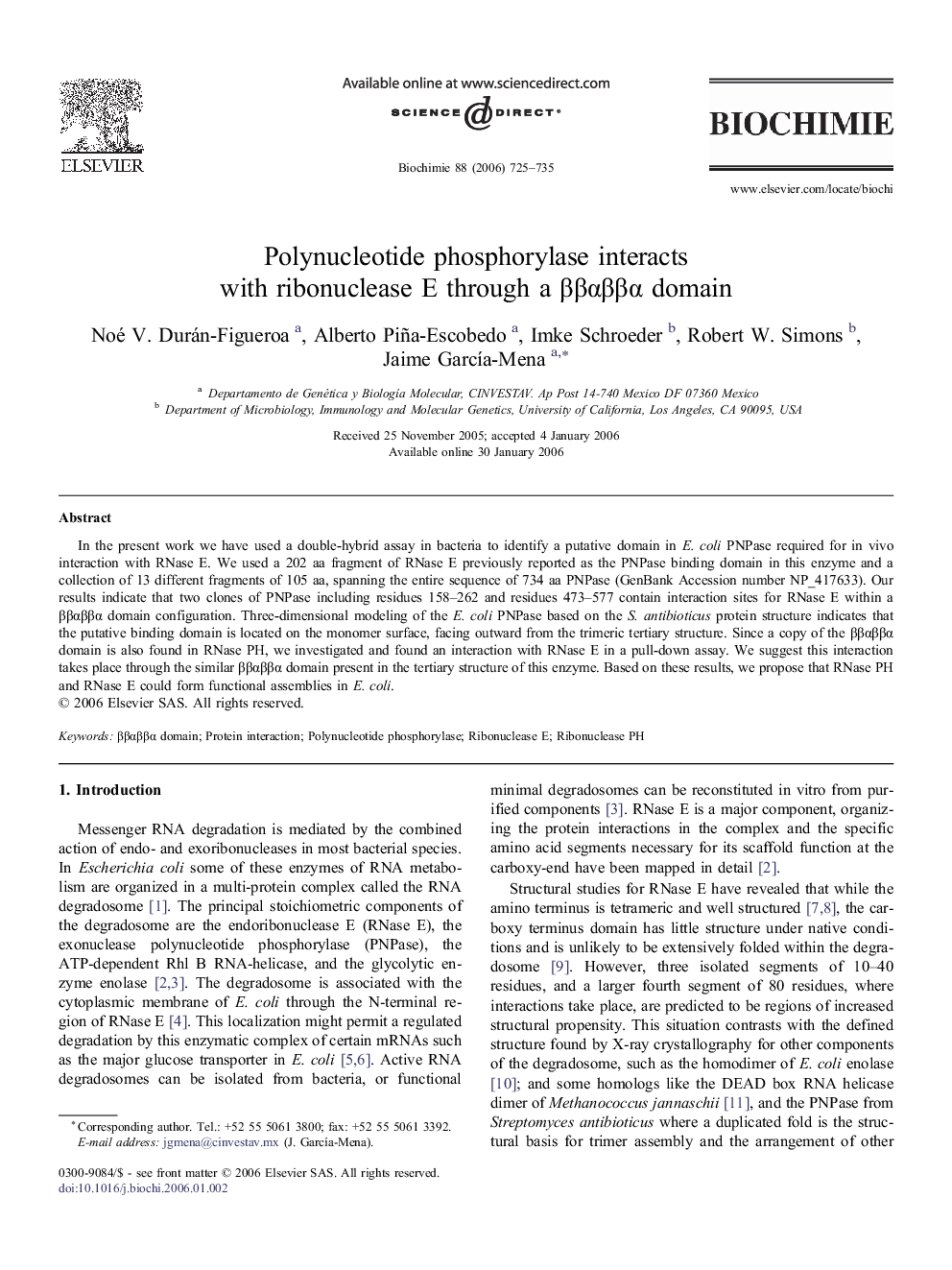 Polynucleotide phosphorylase interacts with ribonuclease E through a ββαββα domain