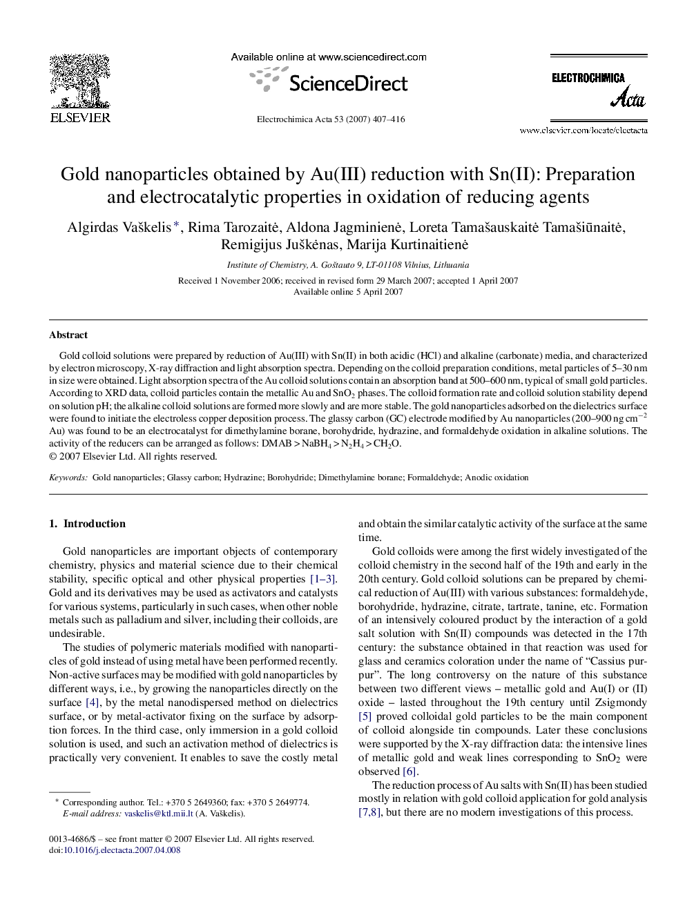 Gold nanoparticles obtained by Au(III) reduction with Sn(II): Preparation and electrocatalytic properties in oxidation of reducing agents