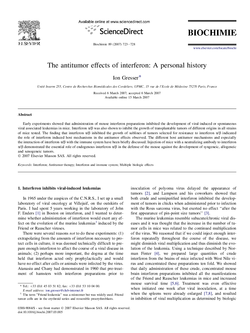 The antitumor effects of interferon: A personal history