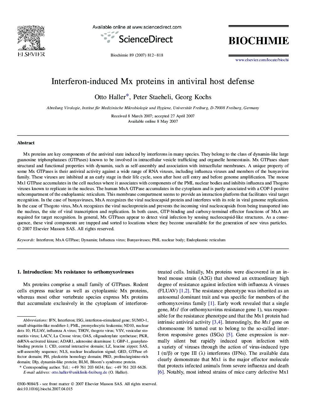 Interferon-induced Mx proteins in antiviral host defense