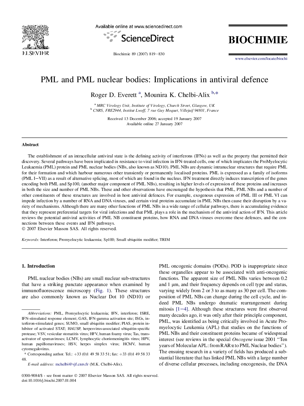 PML and PML nuclear bodies: Implications in antiviral defence