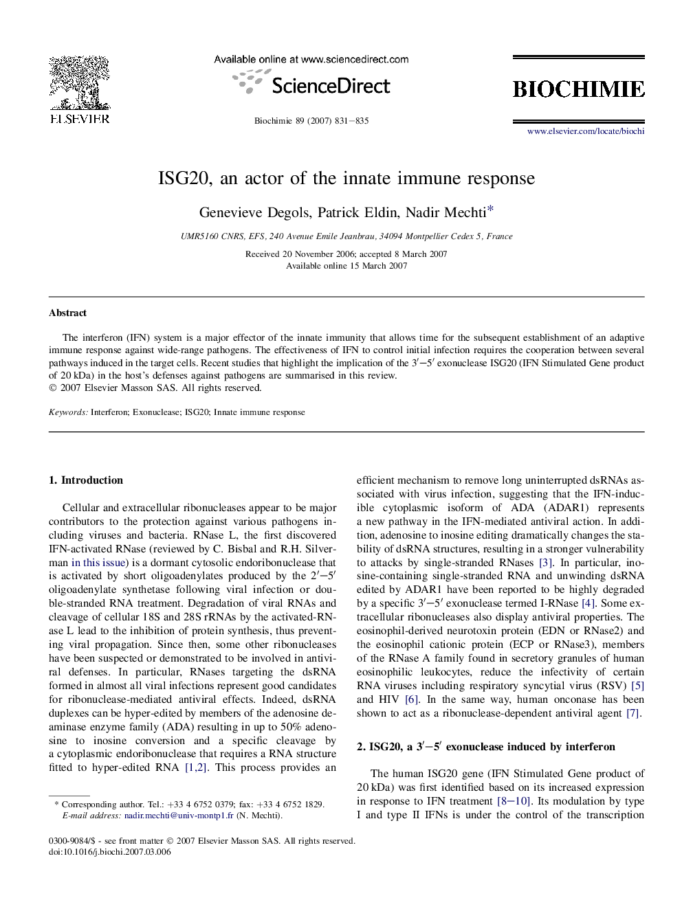 ISG20, an actor of the innate immune response