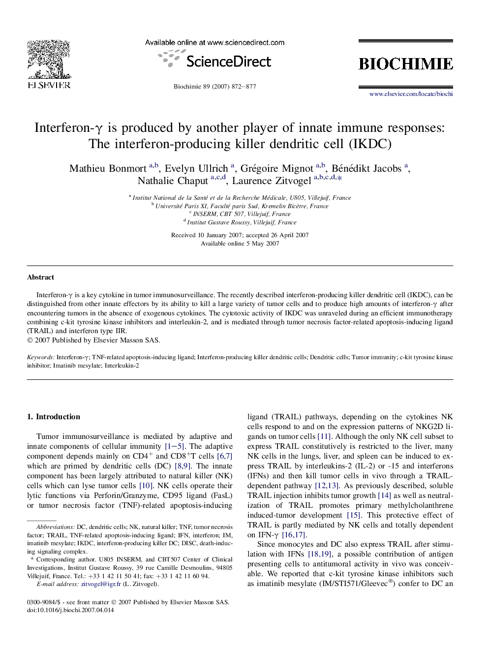 Interferon-γ is produced by another player of innate immune responses: The interferon-producing killer dendritic cell (IKDC)