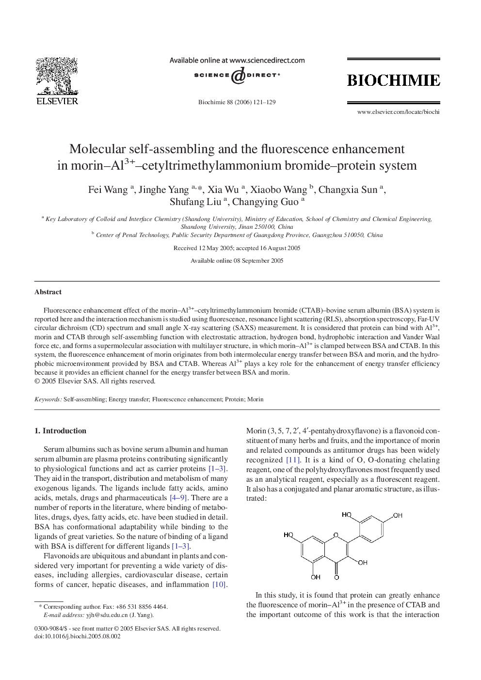 Molecular self-assembling and the fluorescence enhancement in morin–Al3+–cetyltrimethylammonium bromide–protein system