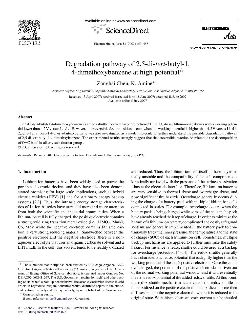 Degradation pathway of 2,5-di-tert-butyl-1,4-dimethoxybenzene at high potential 