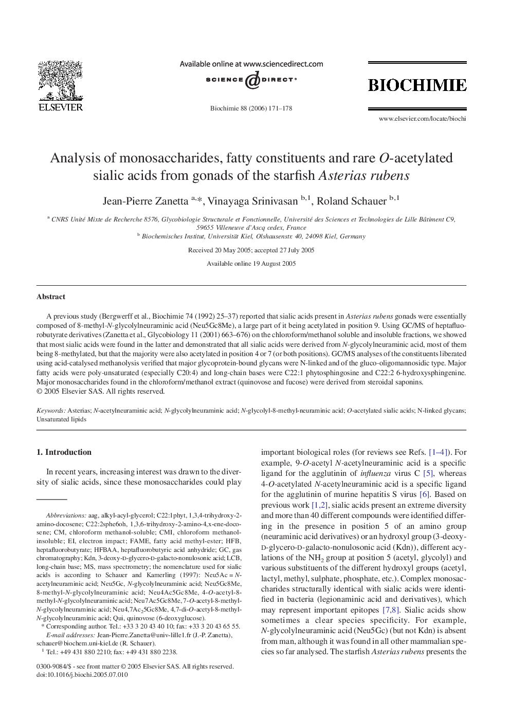 Analysis of monosaccharides, fatty constituents and rare O-acetylated sialic acids from gonads of the starfish Asterias rubens