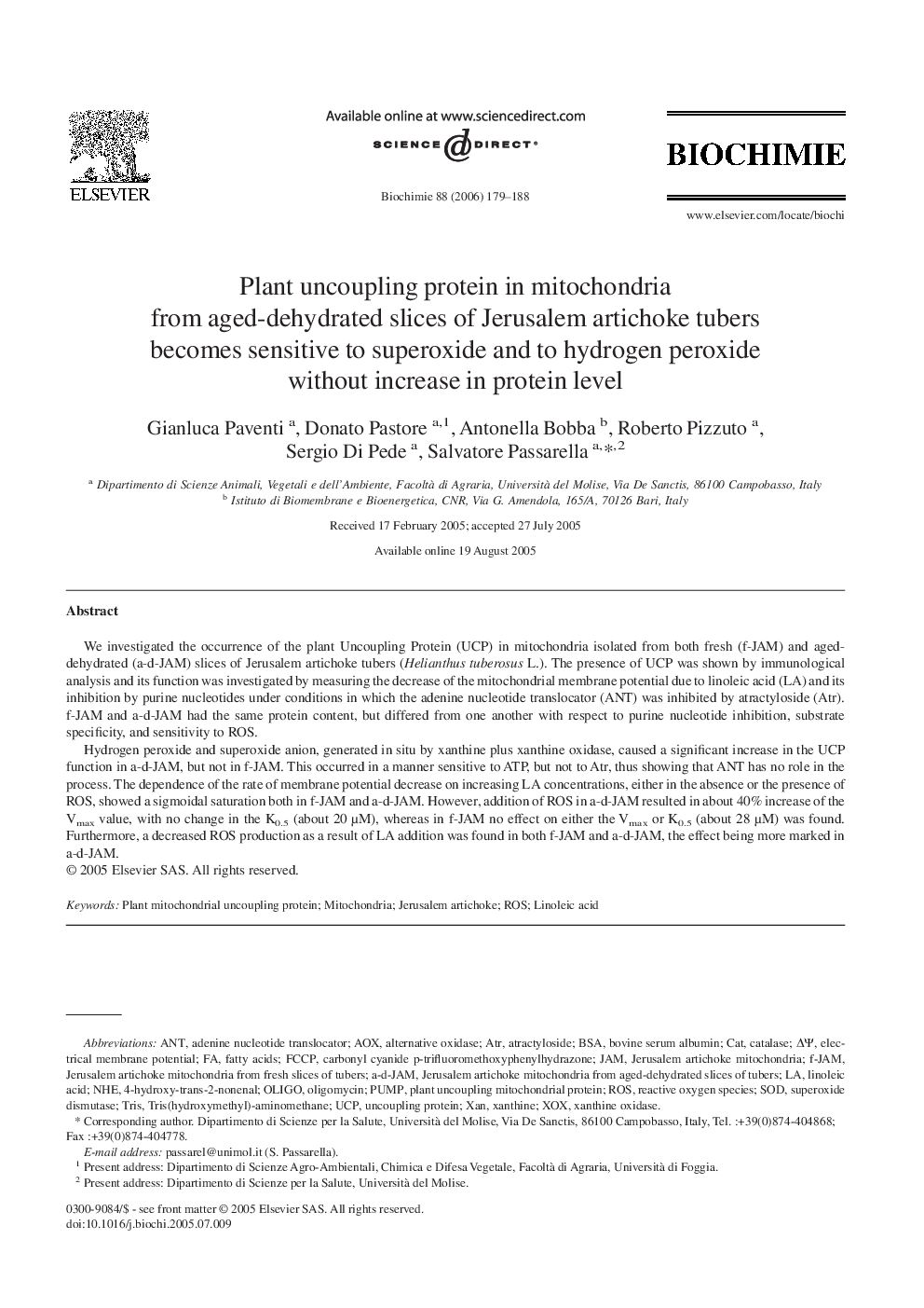 عکس صفحه اول مقاله: Plant uncoupling protein in mitochondria from aged-dehydrated slices of Jerusalem artichoke tubers becomes sensitive to superoxide and to hydrogen peroxide without increase in protein level Plant uncoupling protein in mitochondria from aged-dehydrated slices of Jerusalem artichoke tubers becomes sensitive to superoxide and to hydrogen peroxide without increase in protein level