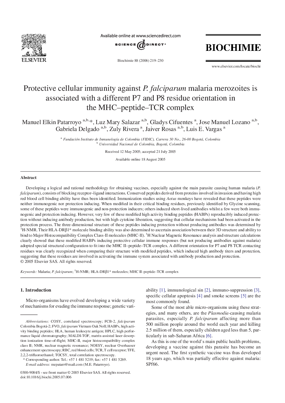 Protective cellular immunity against P. falciparum malaria merozoites is associated with a different P7 and P8 residue orientation in the MHC–peptide–TCR complex