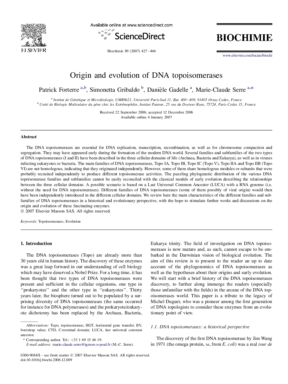 Origin and evolution of DNA topoisomerases