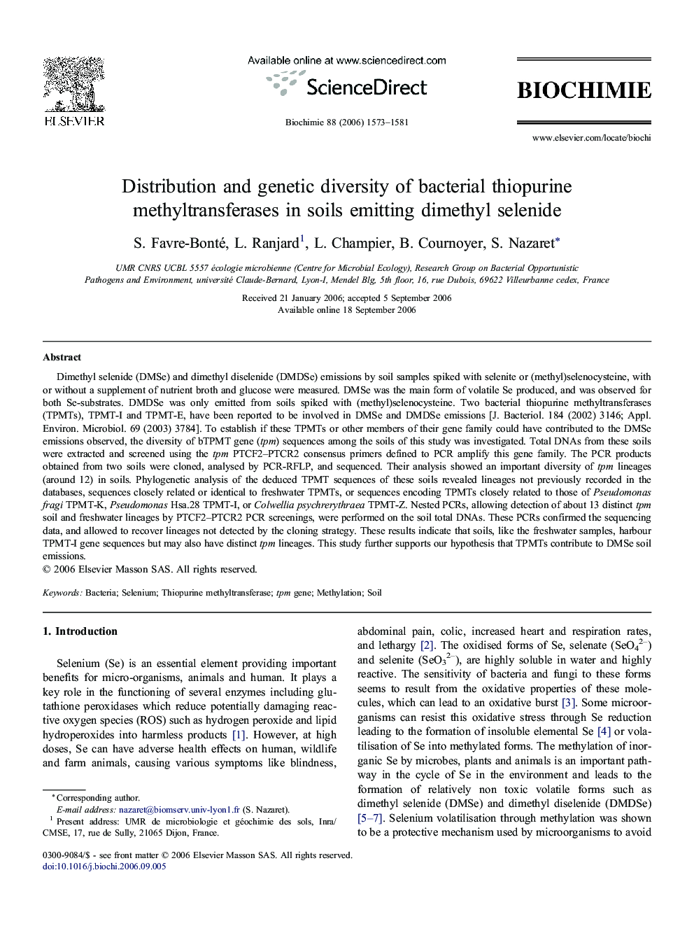 Distribution and genetic diversity of bacterial thiopurine methyltransferases in soils emitting dimethyl selenide