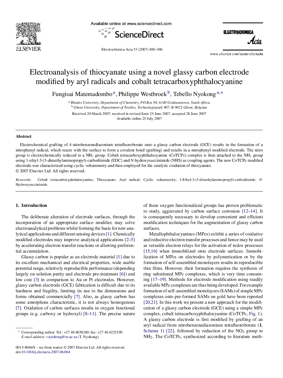 Electroanalysis of thiocyanate using a novel glassy carbon electrode modified by aryl radicals and cobalt tetracarboxyphthalocyanine