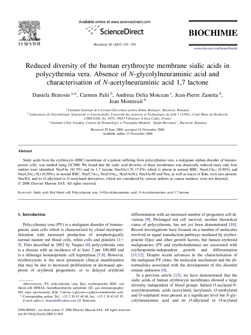 Reduced diversity of the human erythrocyte membrane sialic acids in polycythemia vera. Absence of N-glycolylneuraminic acid and characterisation of N-acetylneuraminic acid 1,7 lactone