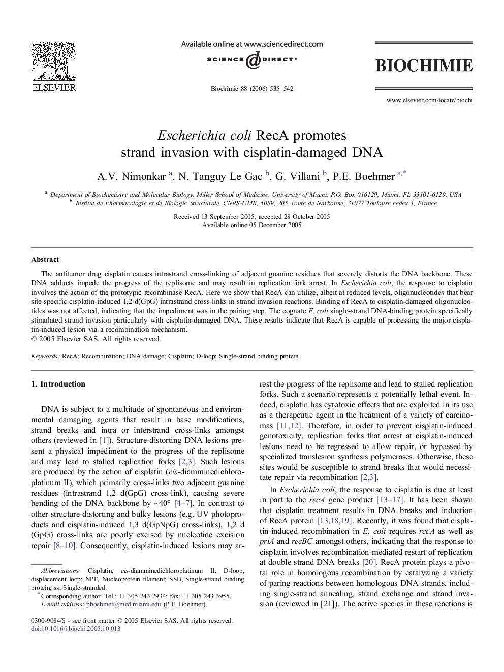 Escherichia coli RecA promotes strand invasion with cisplatin-damaged DNA