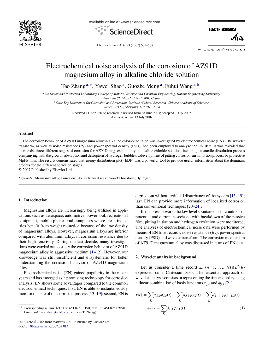 Electrochemical noise analysis of the corrosion of AZ91D magnesium alloy in alkaline chloride solution