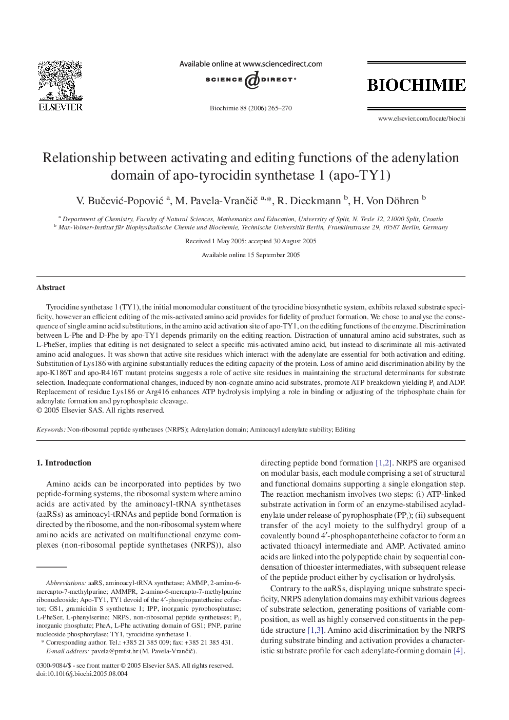 Relationship between activating and editing functions of the adenylation domain of apo-tyrocidin synthetase 1 (apo-TY1)