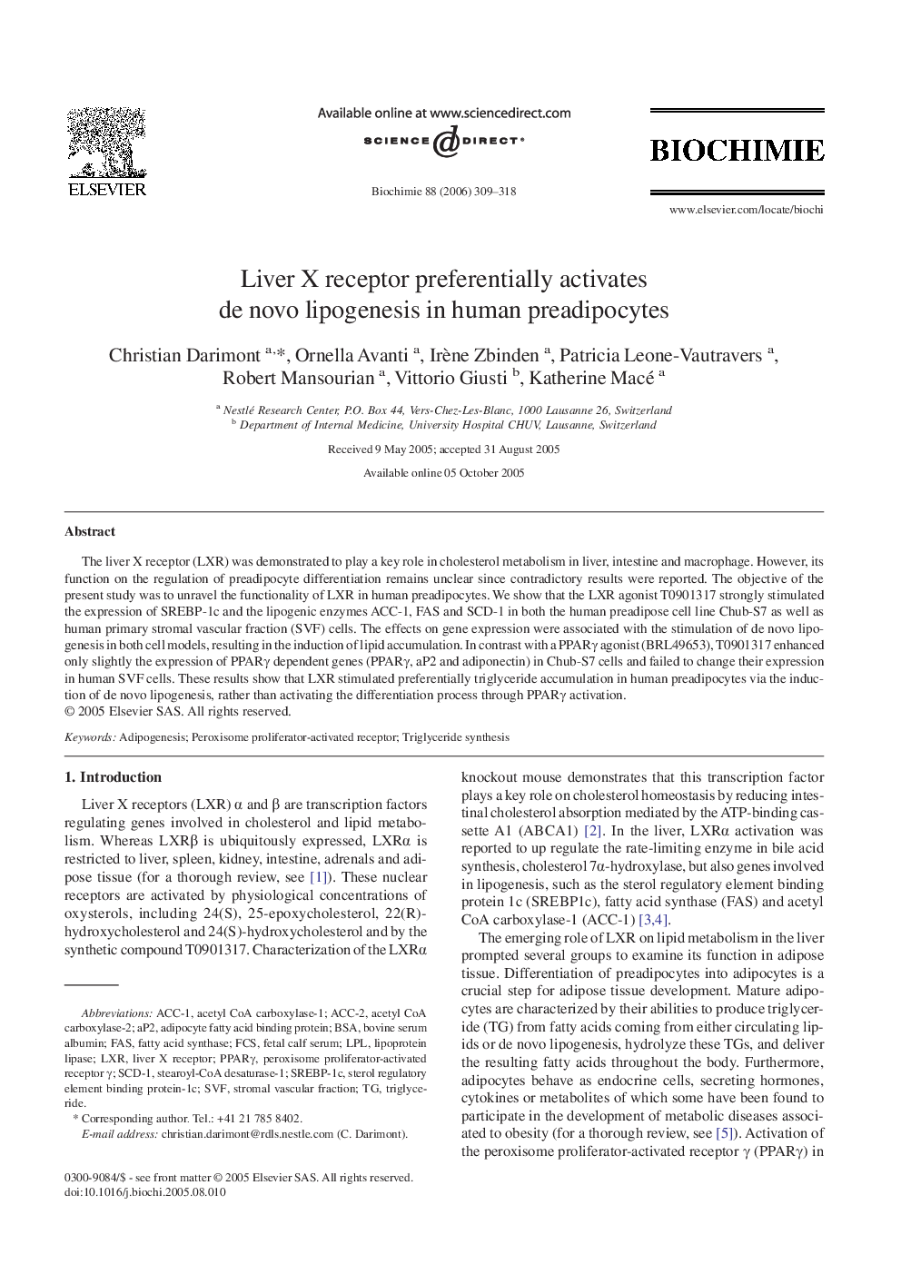 Liver X receptor preferentially activates de novo lipogenesis in human preadipocytes