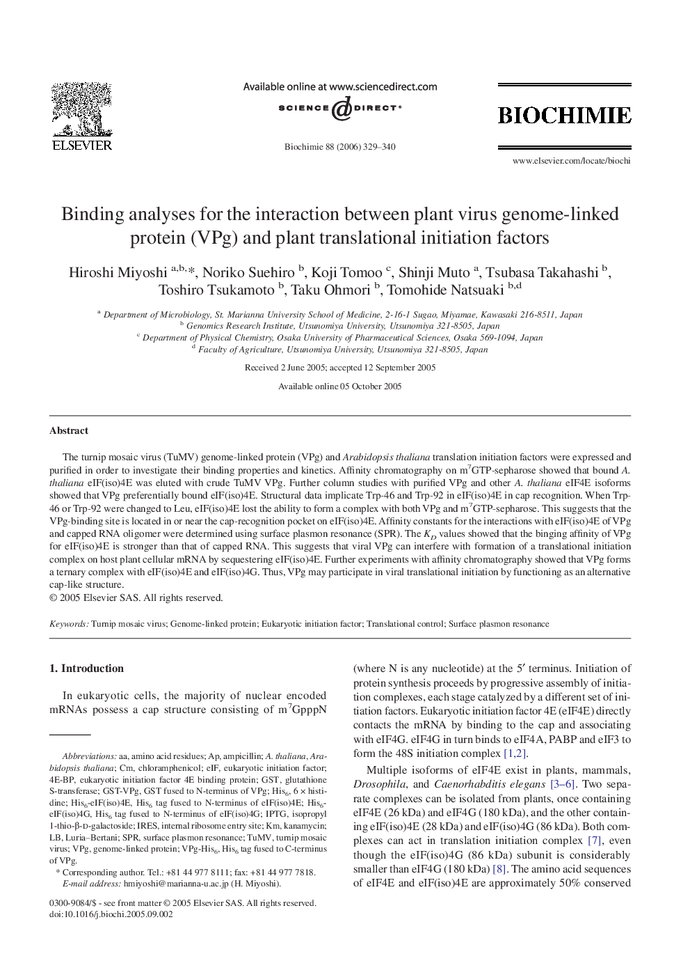 Binding analyses for the interaction between plant virus genome-linked protein (VPg) and plant translational initiation factors