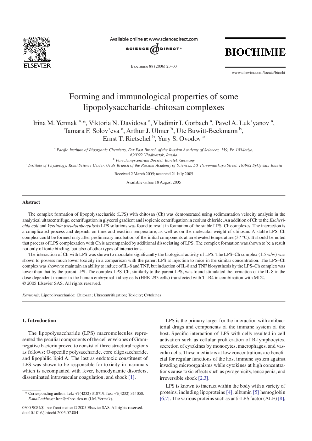 Forming and immunological properties of some lipopolysaccharide–chitosan complexes