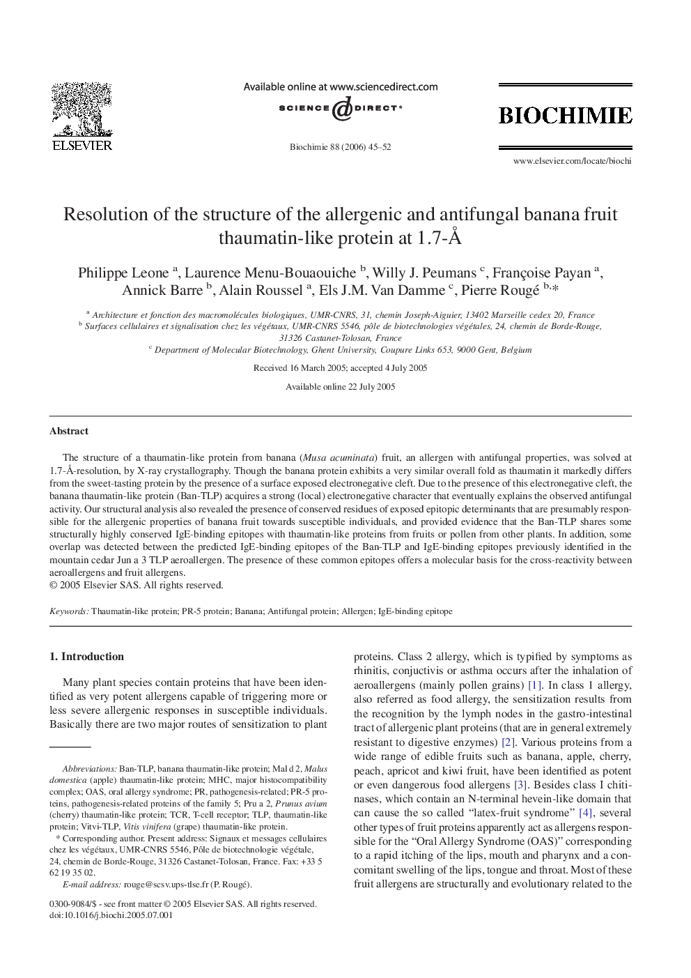 Resolution of the structure of the allergenic and antifungal banana fruit thaumatin-like protein at 1.7-Å