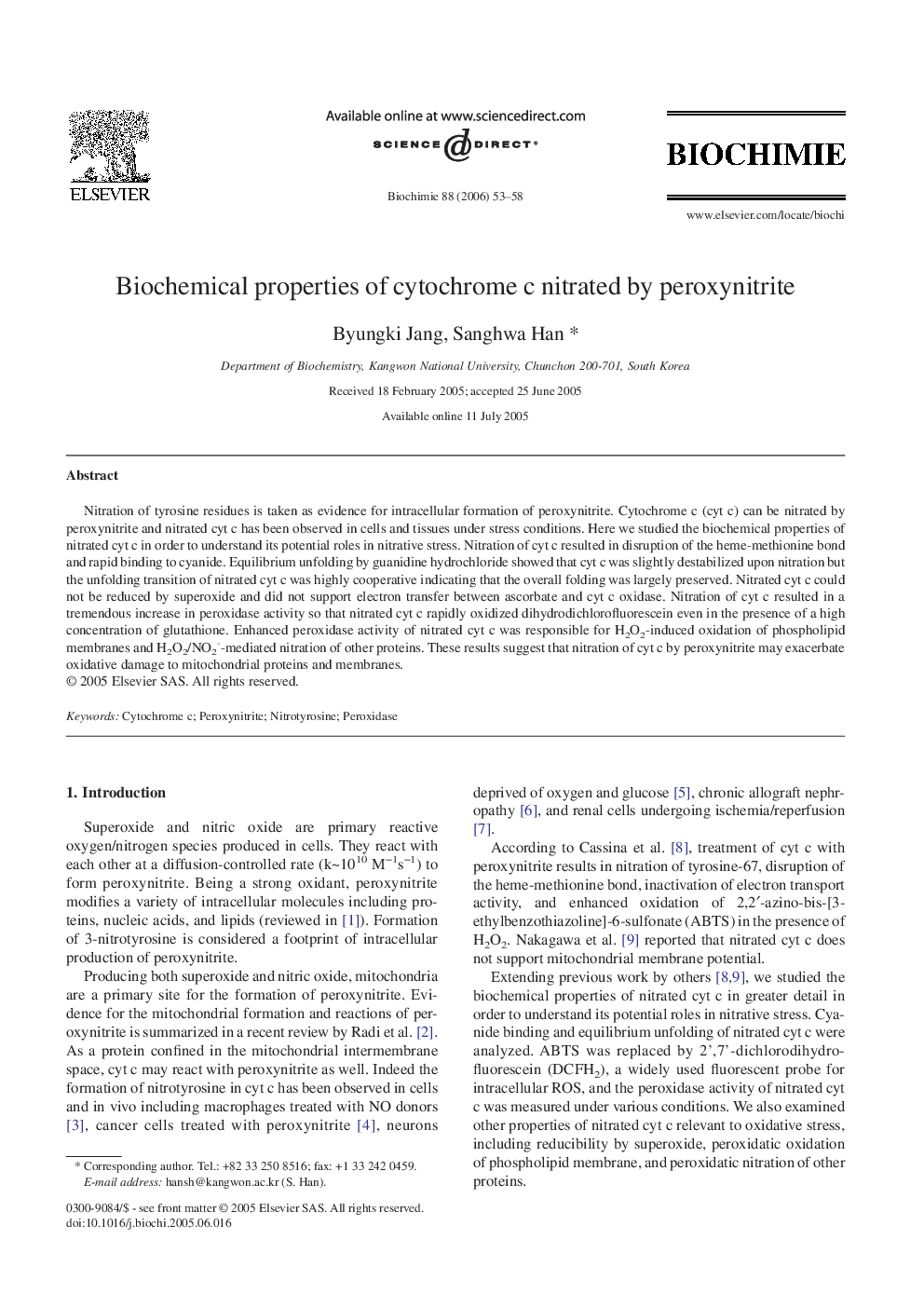 Biochemical properties of cytochrome c nitrated by peroxynitrite