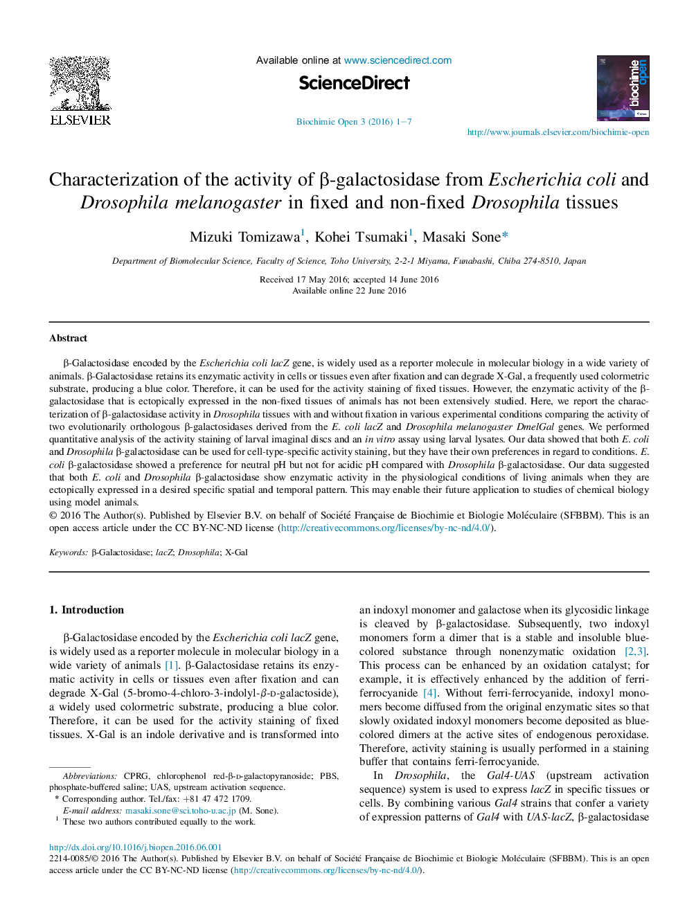 Characterization of the activity of β-galactosidase from Escherichia coli and Drosophila melanogaster in fixed and non-fixed Drosophila tissues