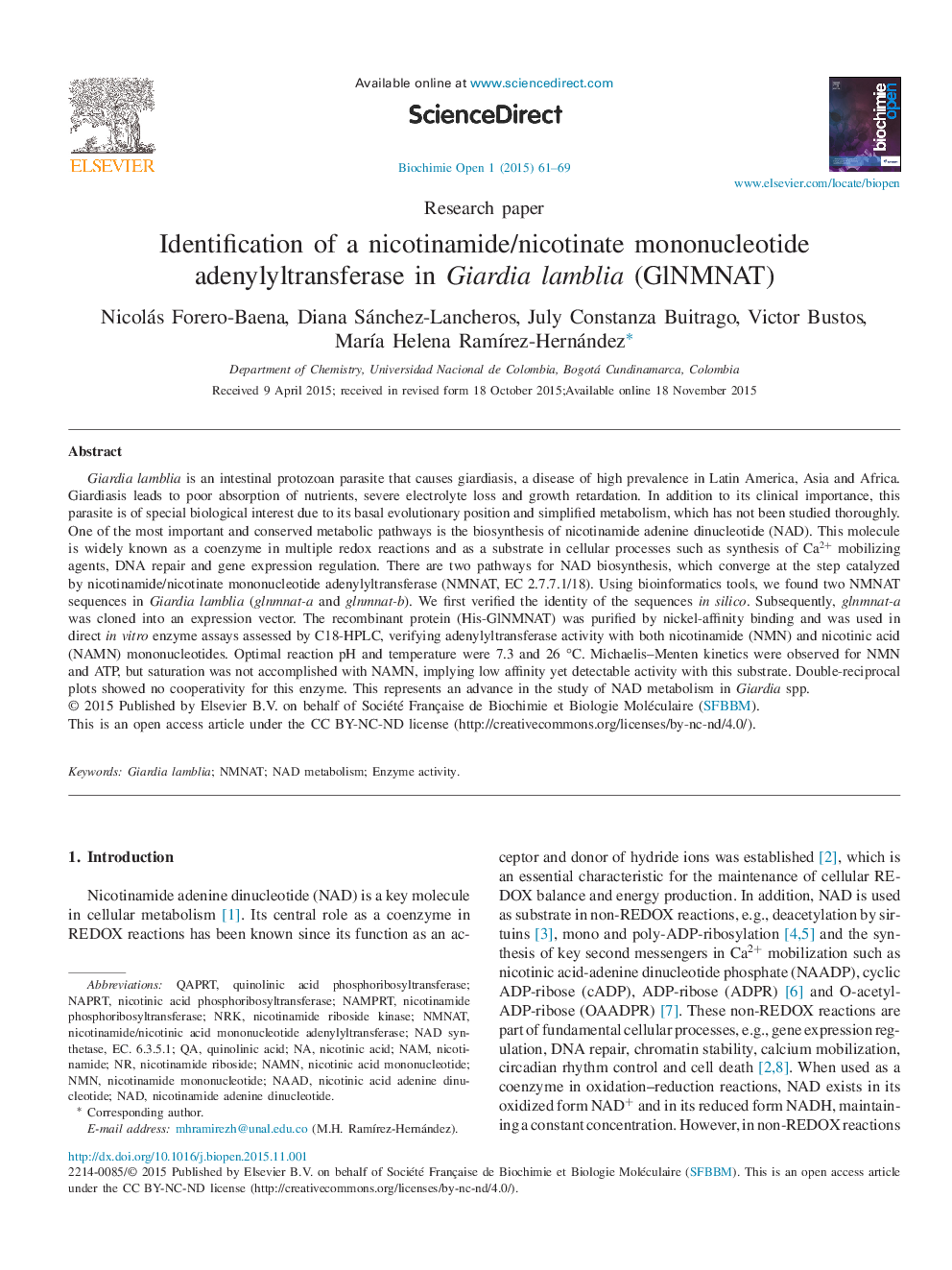 Identification of a nicotinamide/nicotinate mononucleotide adenylyltransferase in Giardia lamblia (GlNMNAT)