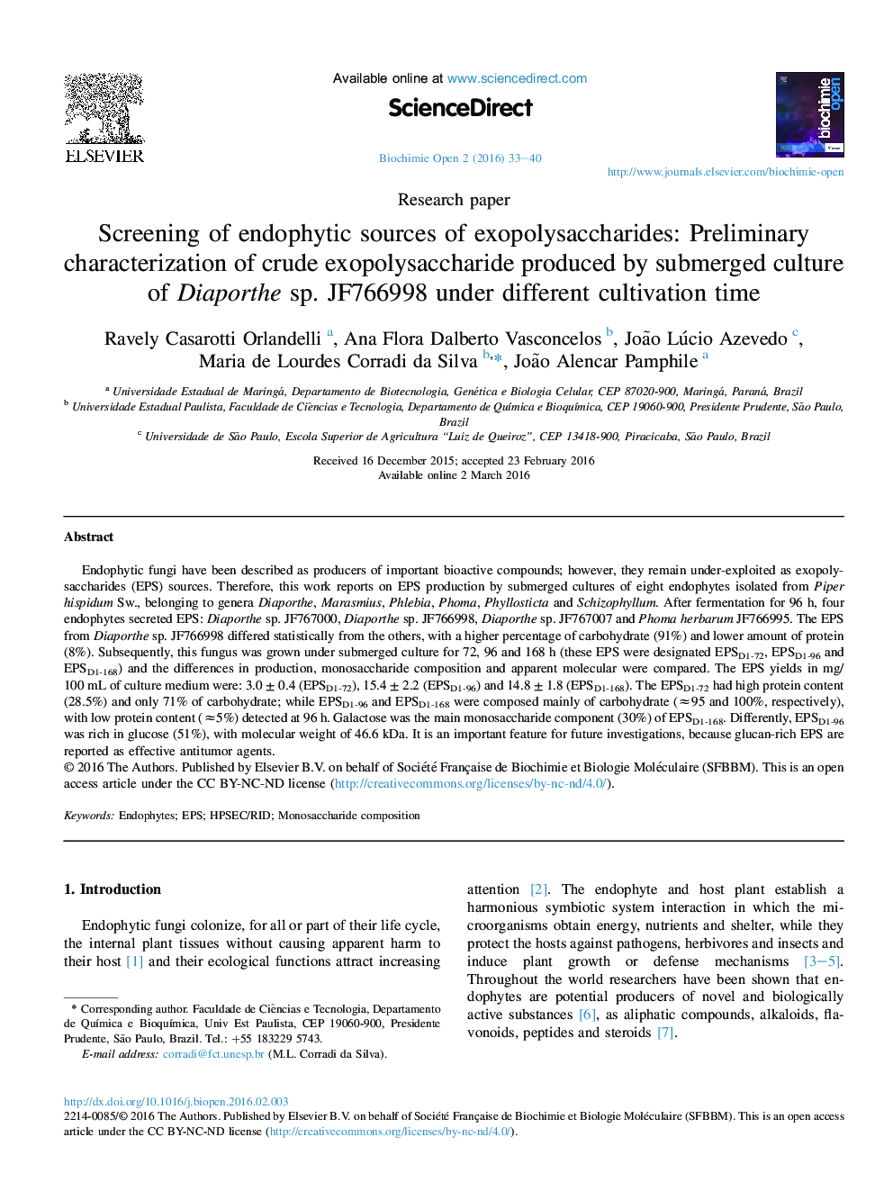 Screening of endophytic sources of exopolysaccharides: Preliminary characterization of crude exopolysaccharide produced by submerged culture of Diaporthe sp. JF766998 under different cultivation time