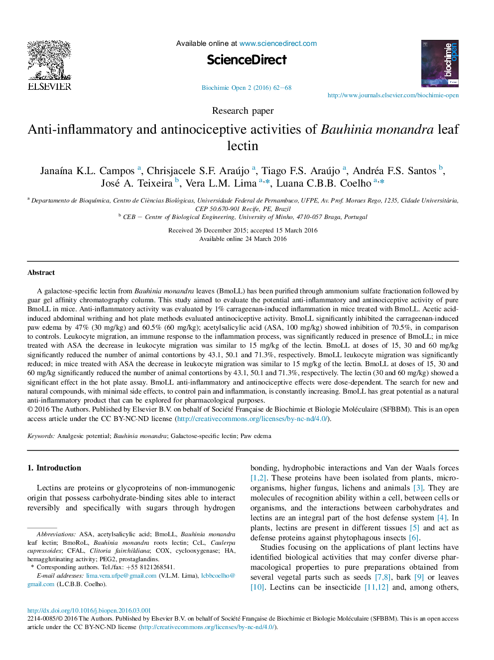 Anti-inflammatory and antinociceptive activities of Bauhinia monandra leaf lectin